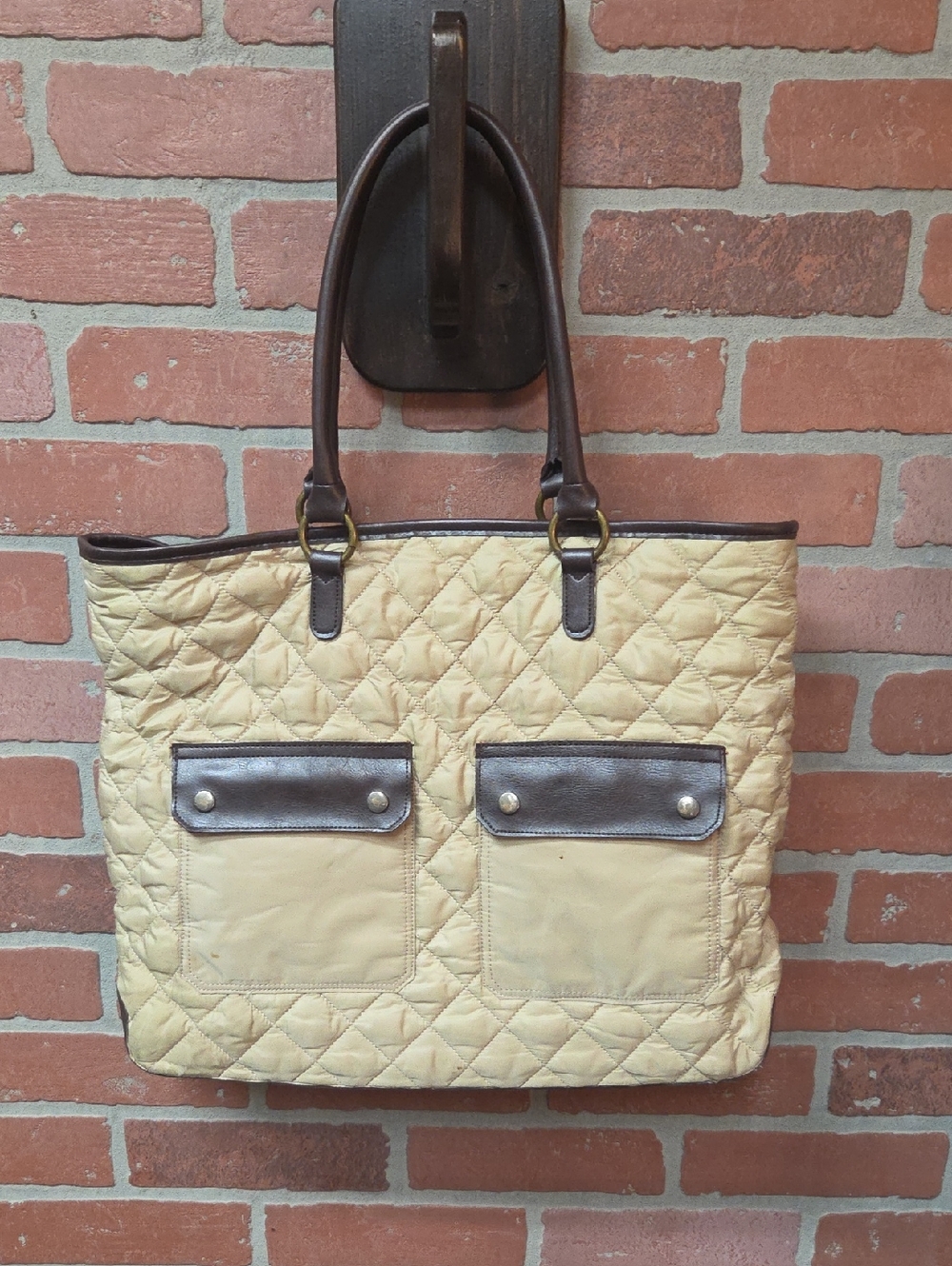 Old Navy Quilted Tote Bag with Dark Brown Trim - Beige